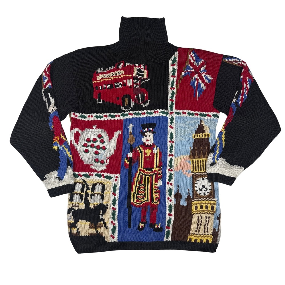 Vintage London British Souvenir Knit Turtleneck Sweater Big Ben Bus Guard Black